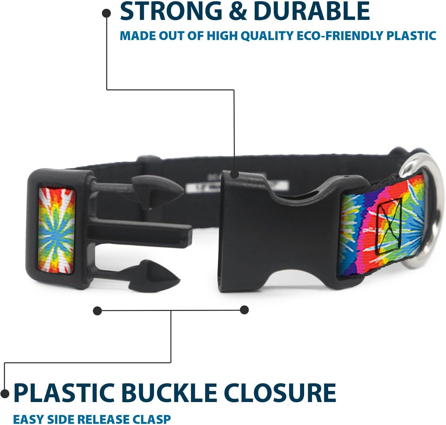 Buckle-Down Plastic Clip Collar - 70's Tie Dye - 1.5" Wide - Fits 13-18" Neck - Small