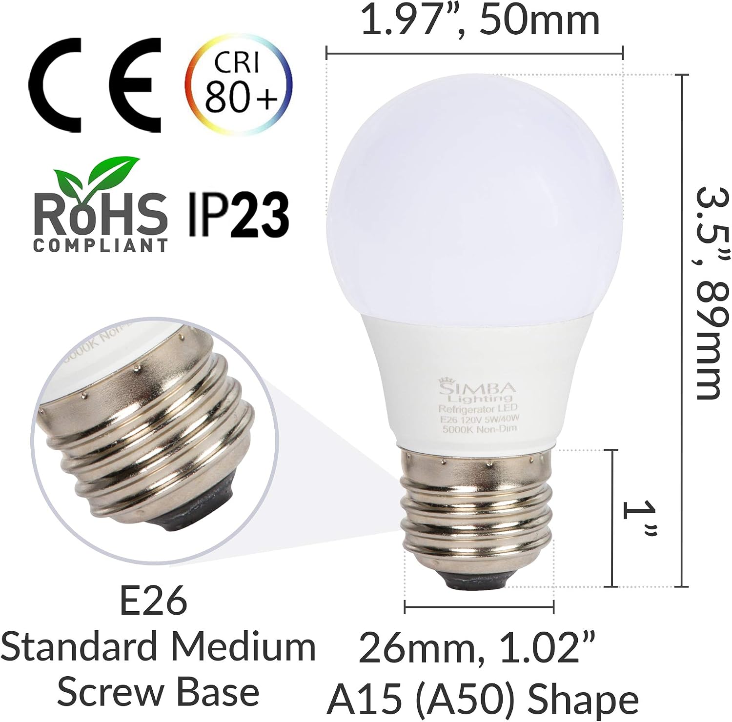 Simba Lighting LED A15 Refrigerator Light Bulbs (2-Pack) 5W 40W Replacement Waterproof Small for Appliances, Freezers, 120V, E26 Standard Medium Base, Frosted Cover, Not Dimmable, 5000K Daylight