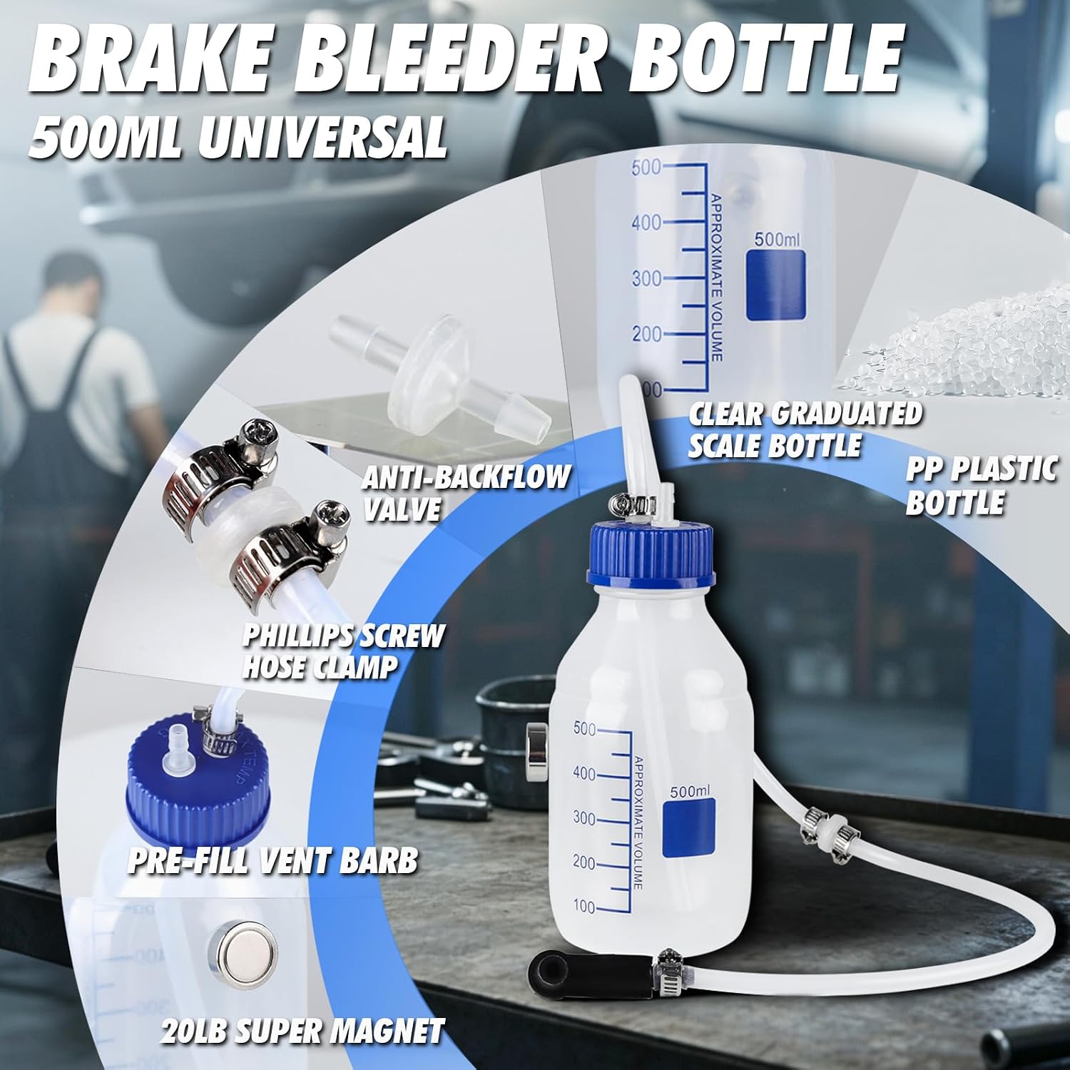 Brake Bleeder Kit with One-Way Valve - 17oz Bottle, Magnet, 24" Hose