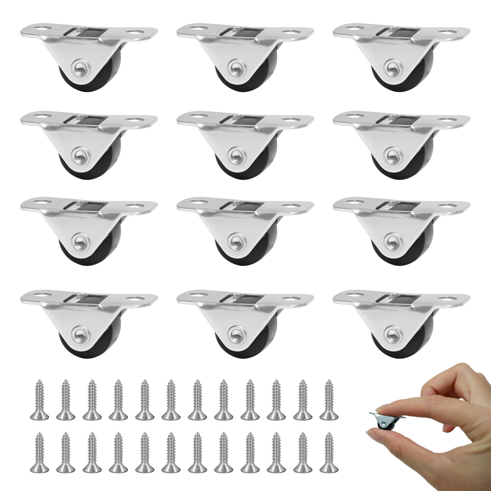 12 pcs Fixed Directional Silent Mini Caster Wheels ， Wheels for Furniture， Gate Wheels for Wooden Gates, Cabinet & Small Castor Wheels for Carts