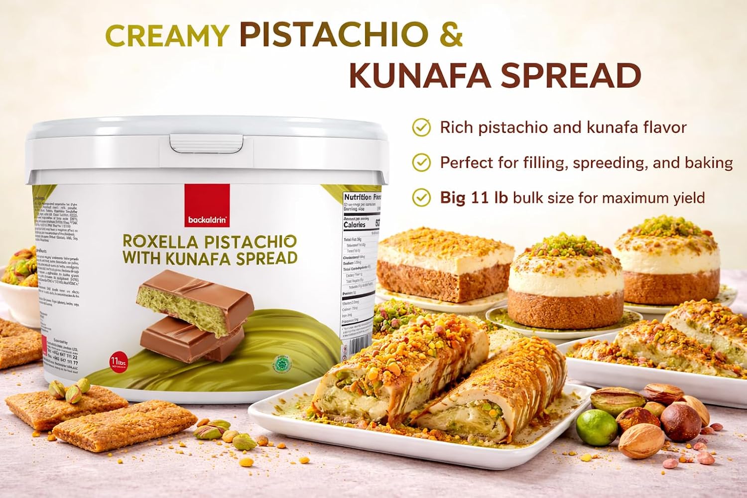 Premium Pistachio Kunafa Spread 17% 11 lb – Creamy Pistachio Cream with Crispy Kunafa Bits – Rich Middle Eastern Dessert Flavor for Baking & Food Service