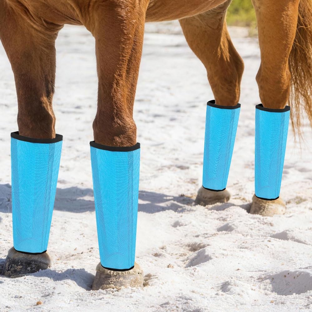 Horse Fly Boots Loose Fitting UV-Protective Fly Leggings Breathable Mesh Stay-on Design Protect Horse Legs Reduce Stomping Set of 4 (Blue)