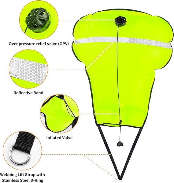 Scuba Lift Bag, 70lb Diving Lifting Bag Over Pressure Valve, High Visibility Salvage Bag with Open Bottom, Reflective Strip, Nylon Webbing and D Ring for Underwater Scuba Dive Snorkeling