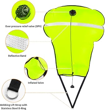 Scuba Lift Bag, 70lb Diving Lifting Bag Over Pressure Valve, High Visibility Salvage Bag with Open Bottom, Reflective Strip, Nylon Webbing and D Ring for Underwater Scuba Dive Snorkeling