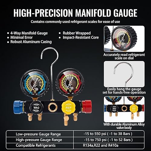 Miniatura 6 de Juego de bomba de vacío de CA de 4.5 CFM y calibrador, para sistemas Mini SplitHVACAuto, kit de manómetro compatible con R134a R22 R410a, con