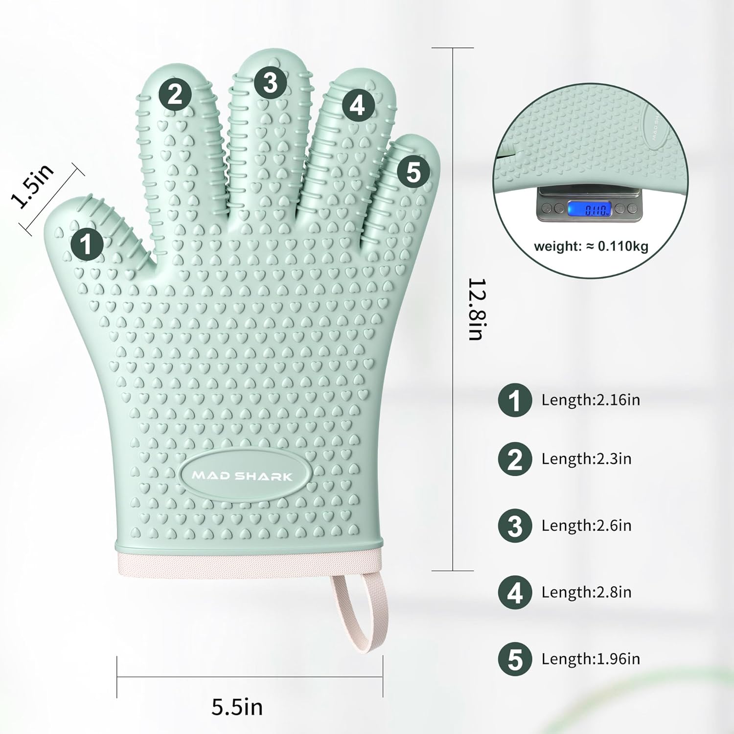 MAD SHARK Silicone Oven Mitts Heat Resistant 450 Degrees,Waterproof & Non-Slip Oven Gloves with Fingers,Cotton Lined Silicone Oven Gloves Kitchen Mitts for Baking Cooking Barbecue,Women (Green)