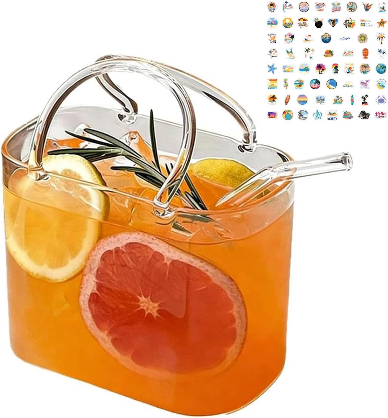 Glass Purse for Drinks, Purse Drinking Glass with Straw, Unique Handbag Shaped Wine Glass & Fish Bowl, Cute Decorative Centerpiece for Juice, Tea, Flowers, Gifts for Women (1Pcs+10 Sticker)
