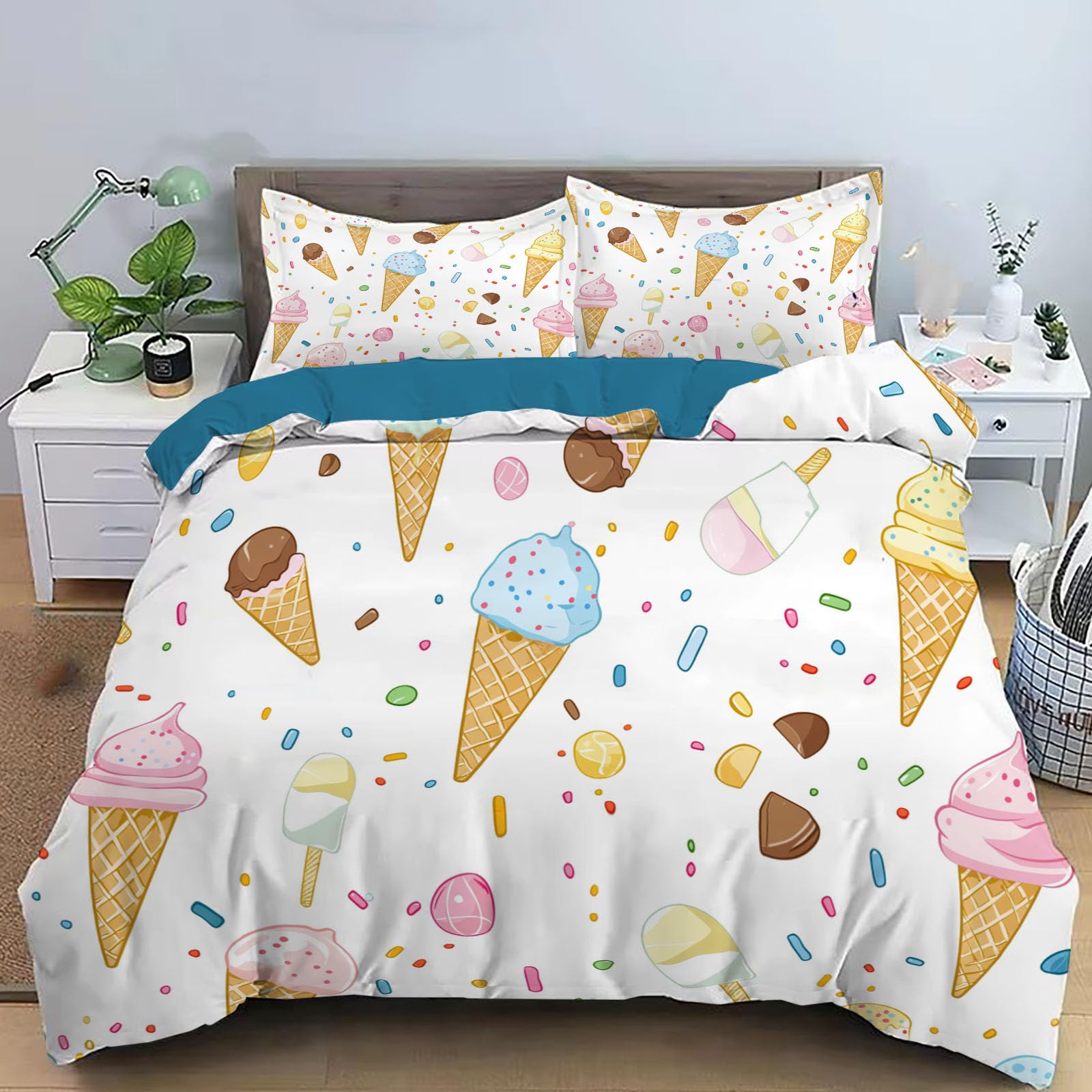 Housse de couette réversible 200x200cm pour un lit adulte sans pli et facile à laver en bleu blanc