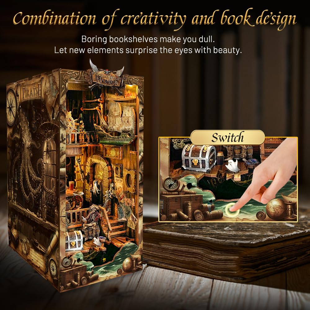 STRUCWOOD Book nooks DIY Dollhouse kit for Adults Bookshelf Decor with LED Lights 3D Wooden Puzzle Model booknooks Kits Gifts for Family,Friends (New World)