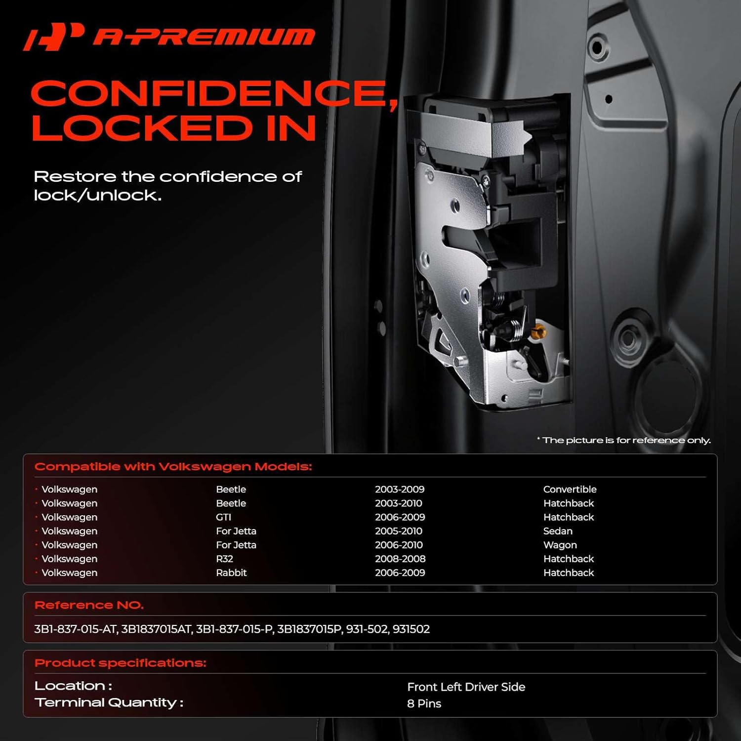 A-Premium Front Left Driver Side Door Lock Actuator Compatible with Volkswagen Jetta 2005-2014, Beetle 2003-2010, GTI/Rabbit 2006-2009, R32 2008