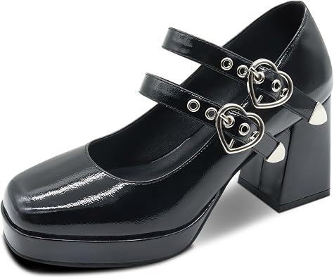 Womens Square Closed Toe Platform Chunky Strappy Block Heels Goth Mary Janes Shoes