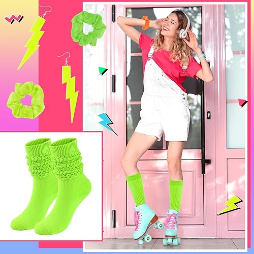 Miniatura 6 de Calcetines holgados de neón para mujer, calcetines altos hasta la rodilla de los años 80 y 90 con aretes de neón y coleteros para fiesta de los años