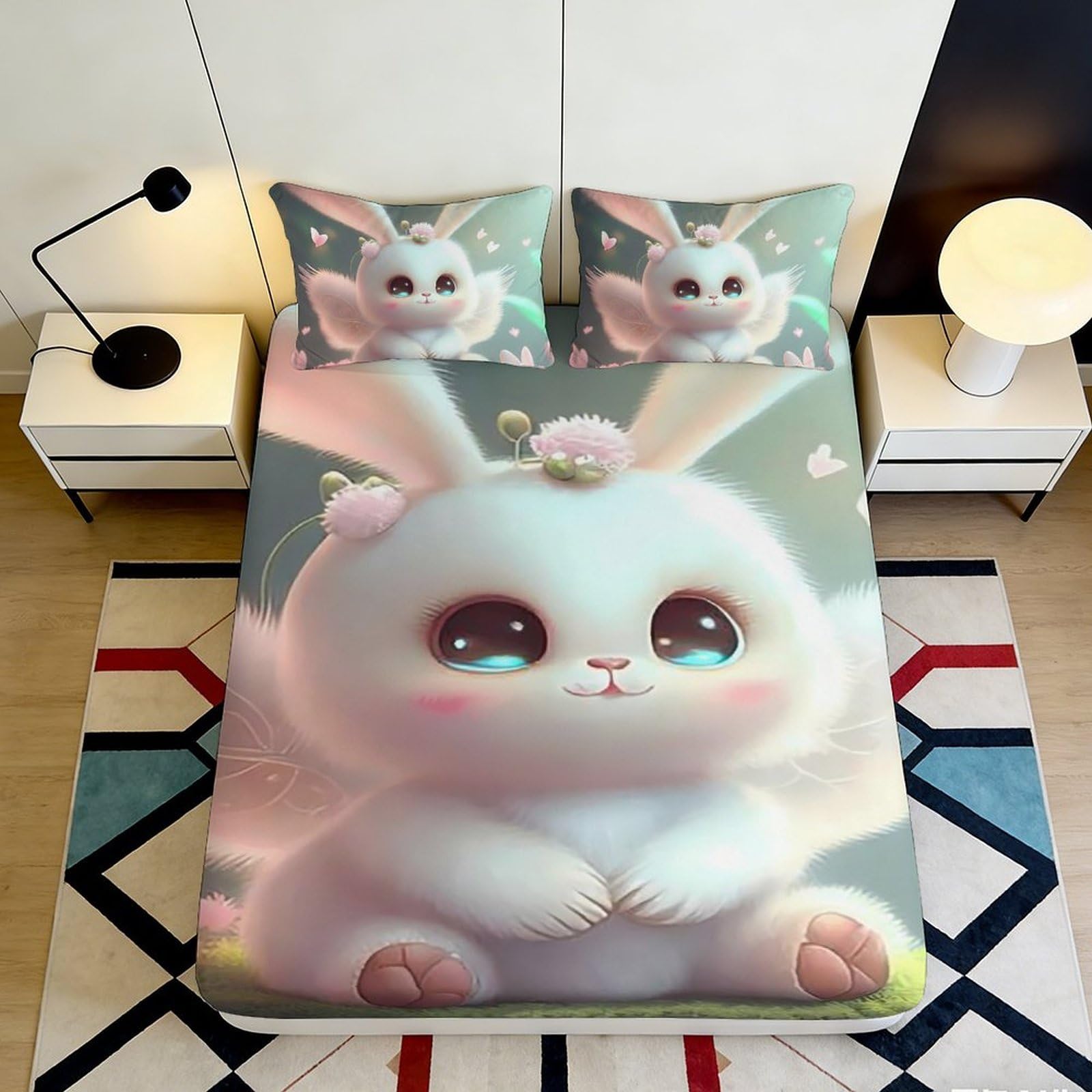 3D Printed Cute Bunny Fitted Sheet Microfiber Deep Pocket Non-Slip Bedroom Bedding Bunny Mattress Fitted Cover Washable for Adults Teens 120x200x25cm
