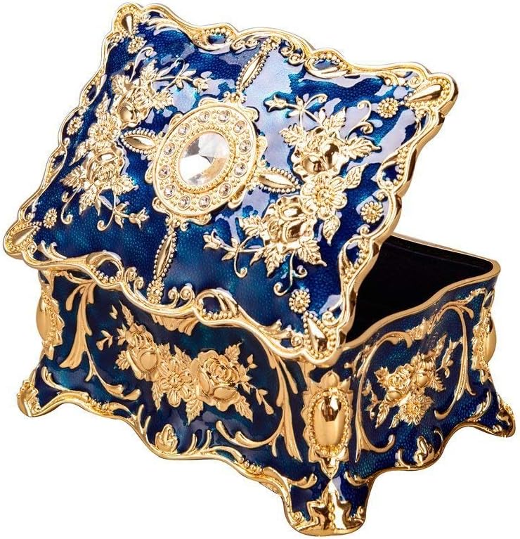 Feyarl Vintage Jewellery Box Small Trinket Box Blue Ornate Jewelry Case Ring Earring Organizer Box Antique Keepsake Box for Wedding Birthday Valentines Gift (4.72 x 3.34 x 2.24inch)