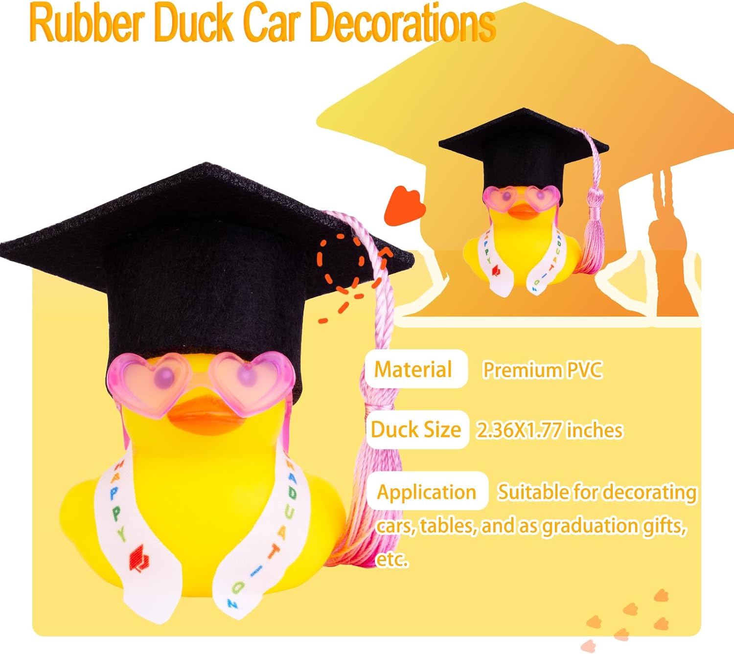 Graduation Duck Car Ornament, Rubber Duck Car Dashboard Decor with Mini Graduation Hat Sash Sunglasses