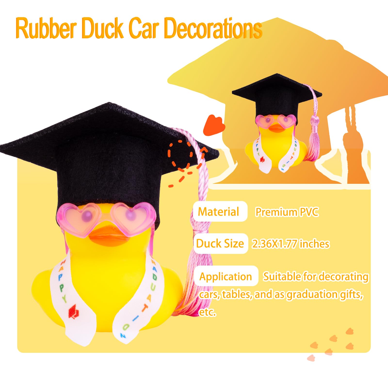 CoFuBcad Graduation Duck Car Ornament, Rubber Duck Car Dashboard Decor with Mini Graduation Hat Sash Sunglasses