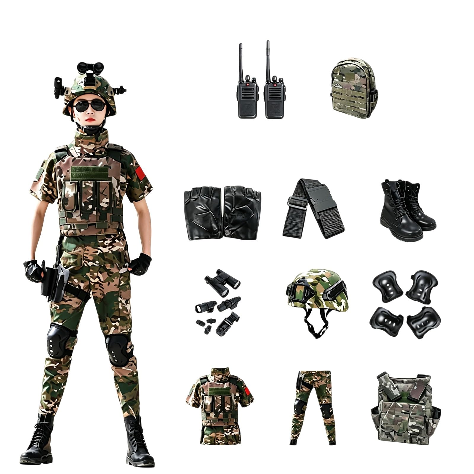 Kinder Militär Kostüm Set Soldat Armee Rollenspiel Outfit mit Zubehör, Halloween und Geburtstags Geschenk Verkleidungsset