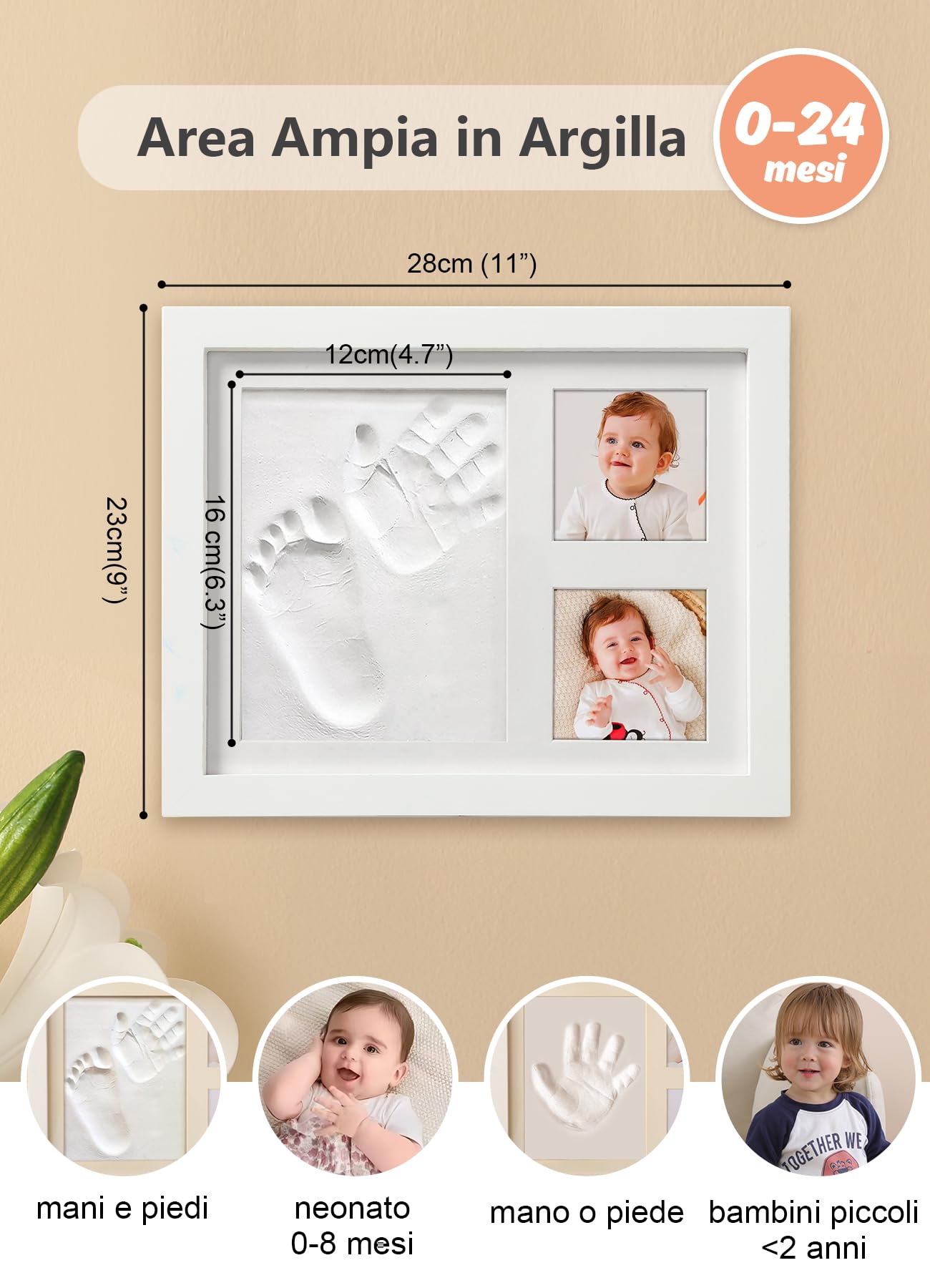 Kit Impronte Mani e Piedi Neonato, Argilla Sicura, Cornice Ricordo in Legno Massello, Regalo Baby Shower e Natale Bianco