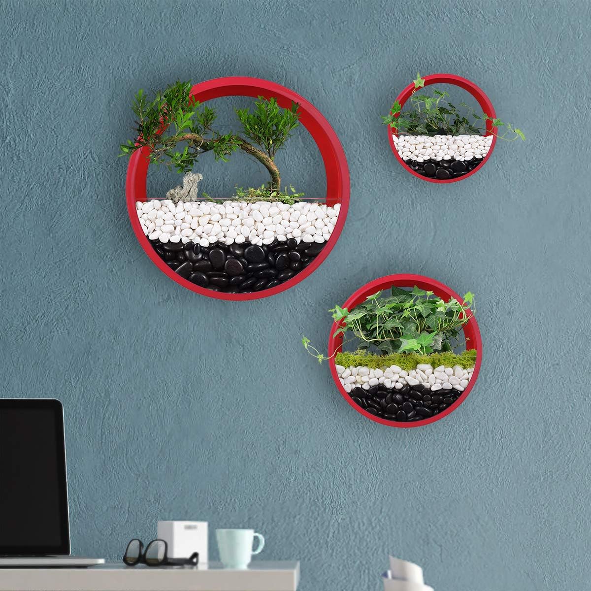 3 Pack Hanging Wall Planters Wall-Mounted Plant Container Modern Round Vase Circle Iron Planter for Herbs Succulent and Cactus, Perfect for Balcony, Room and Patio Decor (Red)