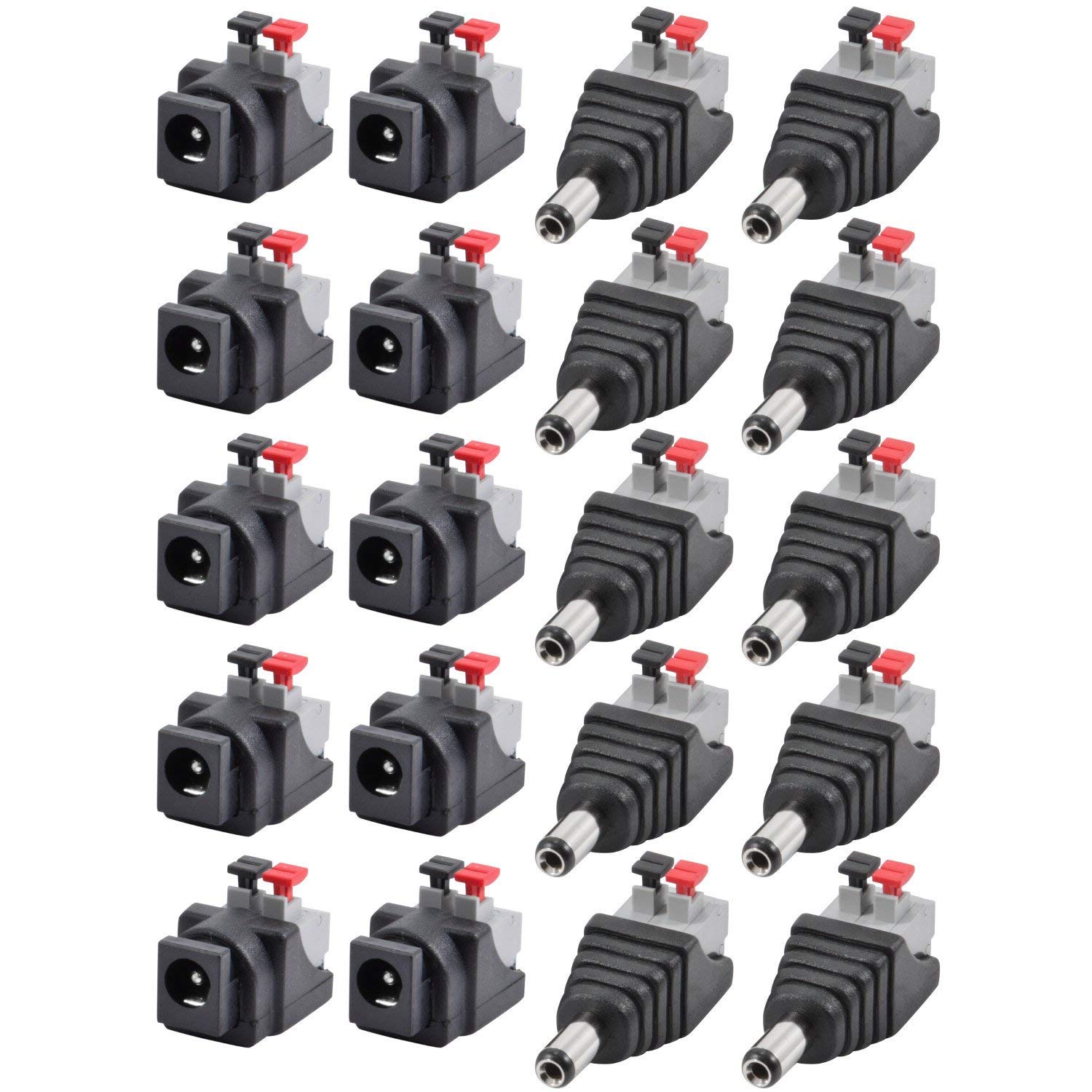 JacobsParts Male and Female DC Power Jack & Plug Screwless Quick Wire Connector 5.5mm x 2.1mm for 12V/24V LED Strip and Electronics (10 Pairs)