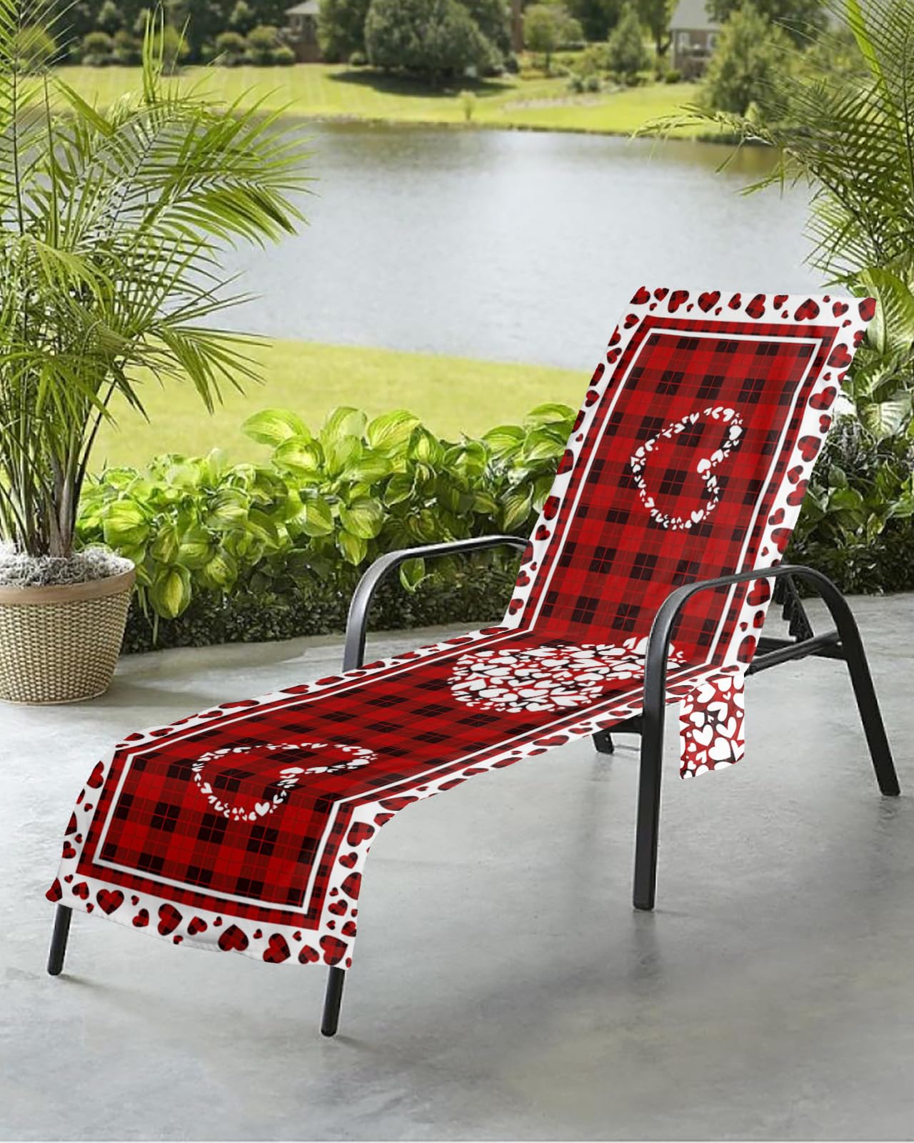 Buffalo Red Love Beach Chair Towel Covers for Chaise Lounge with Side Pocket, Soft Plush Pool Towels Cover for Patio Sunbathing Outdoor 29''x85'' Valentine's Day Plaid Sweet Heart