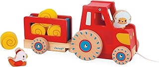Janod - Tractor for pulling - Baby and toddler toy - 1 toy tractor + 6 accessories - Low-noise wheels - Promotes motor skills - FSC wood toy - From 12 months, J03317