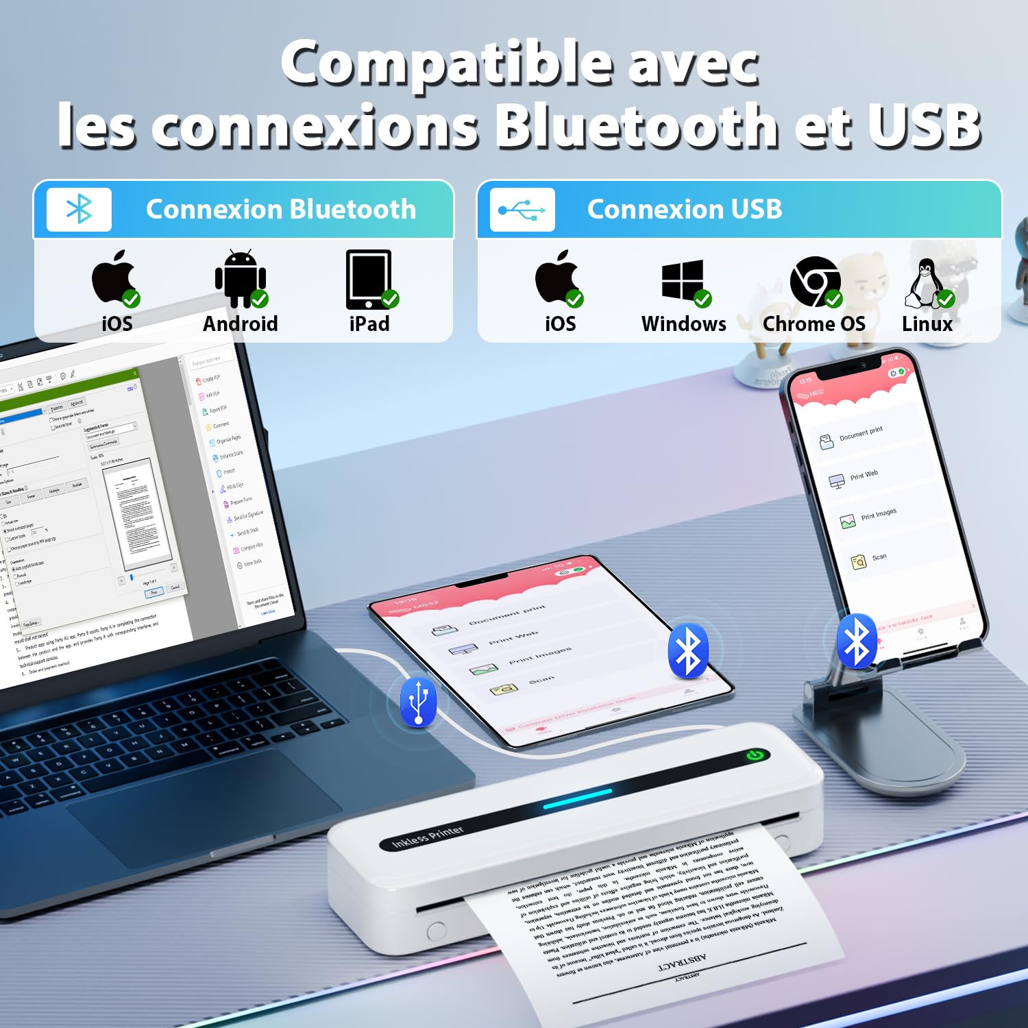 ASprink Imprimante Thermique A4 300DPI Portable sans Encre Compatible Android iOS Blanc
