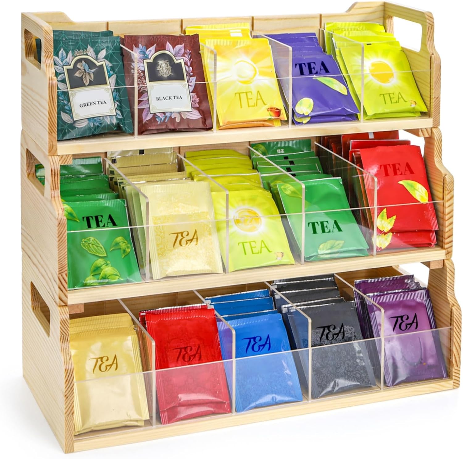 Tea Bag Organizer, 3 Tier Stackable Tea Holder Storage Box for Countertop, Wooden Tea Station Organizer Chest with Acrylic for Kitchen Island, Coffee Shops, Office, Cabinet Pantry