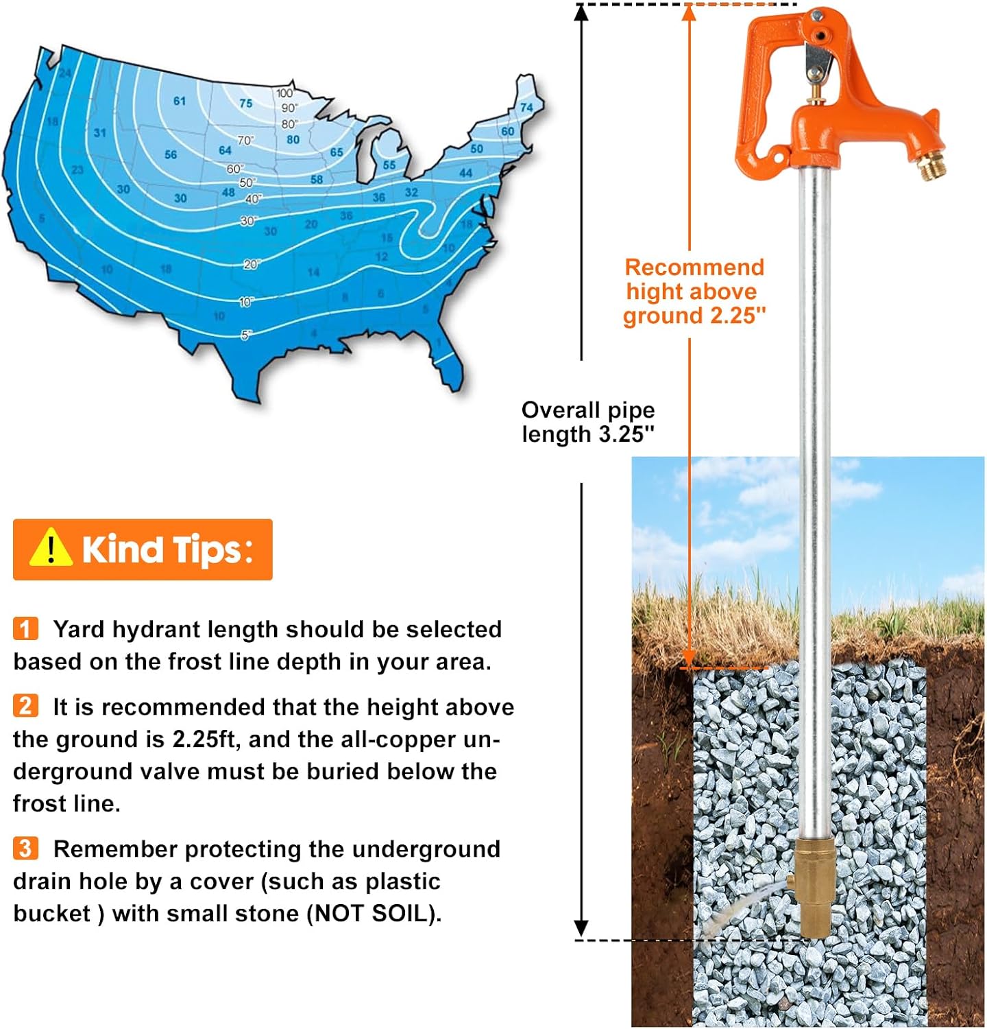 3.25FT Frost-Free Yard Hydrant - Reliable Water Supply for All Seasons,Water Hydrant 3/4" Pipe Connection for Yard,Garden (3.25 FT)