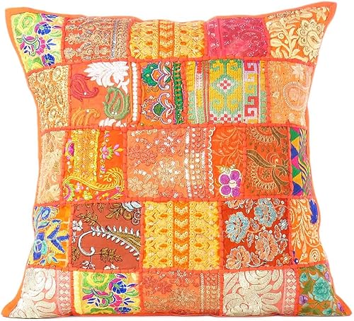 Eyes of India Funda de almohada decorativa bohemia con retazos, colorida funda de cojín bohemia para sofá, decoración hecha a mano para dormitorio,