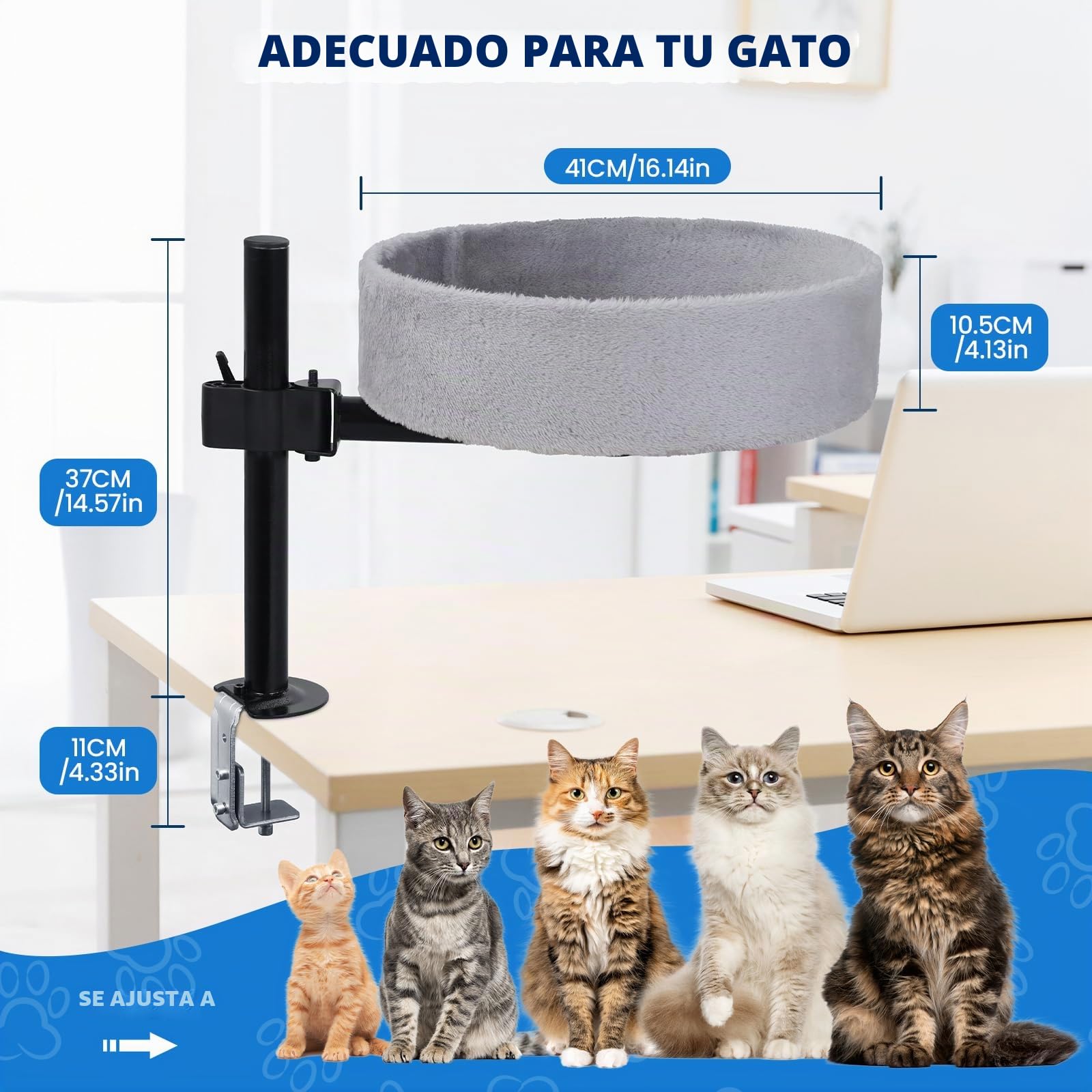 BSWAY Cama para Gatos para Escritorio, sin taladrar, rotación de 360°, Altura Ajustable, casa elevada para Gatos sobre el Escritorio (​​Gris, XL)