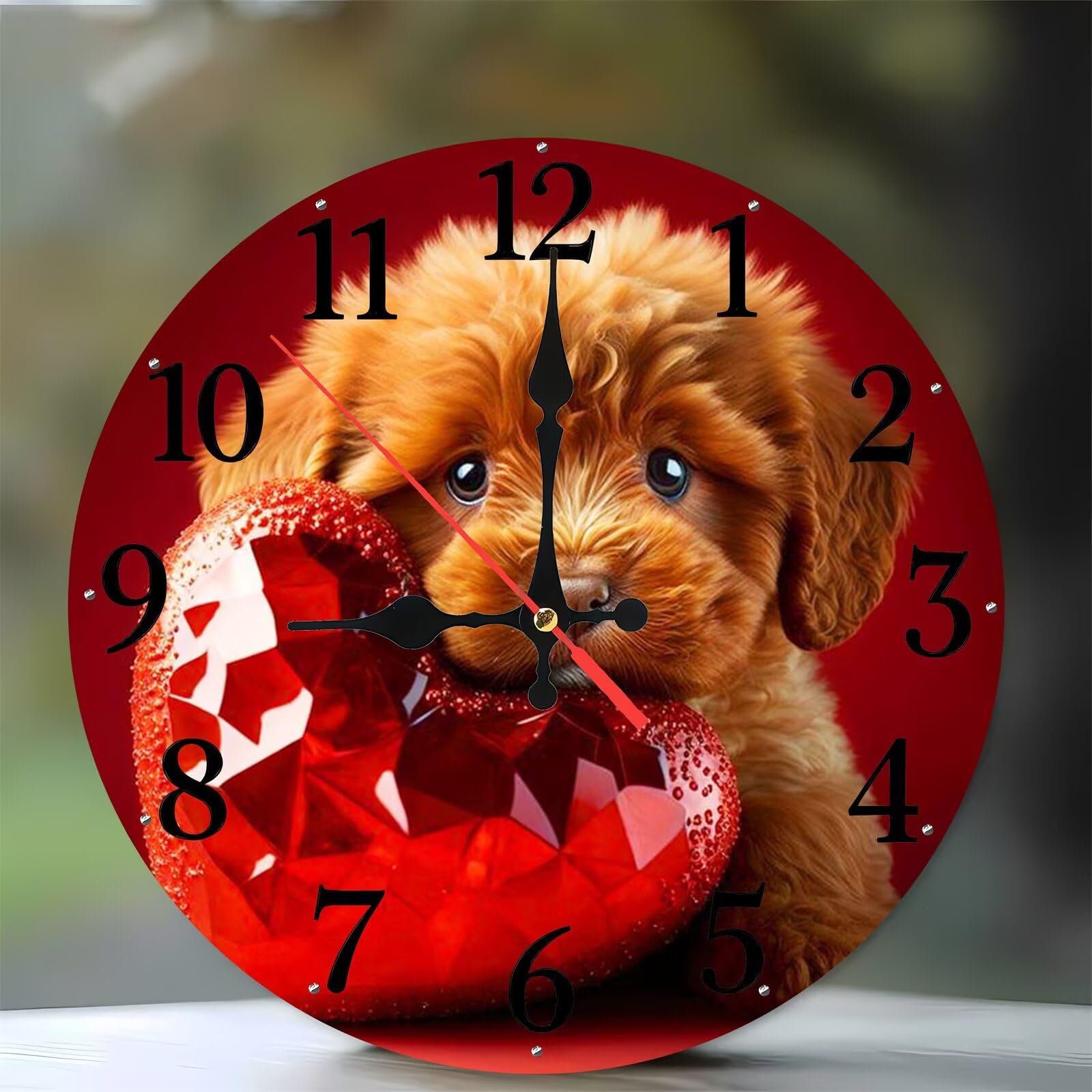 Horloge murale en bois ronde 35 cm avec motif chien tête rousse pour salon