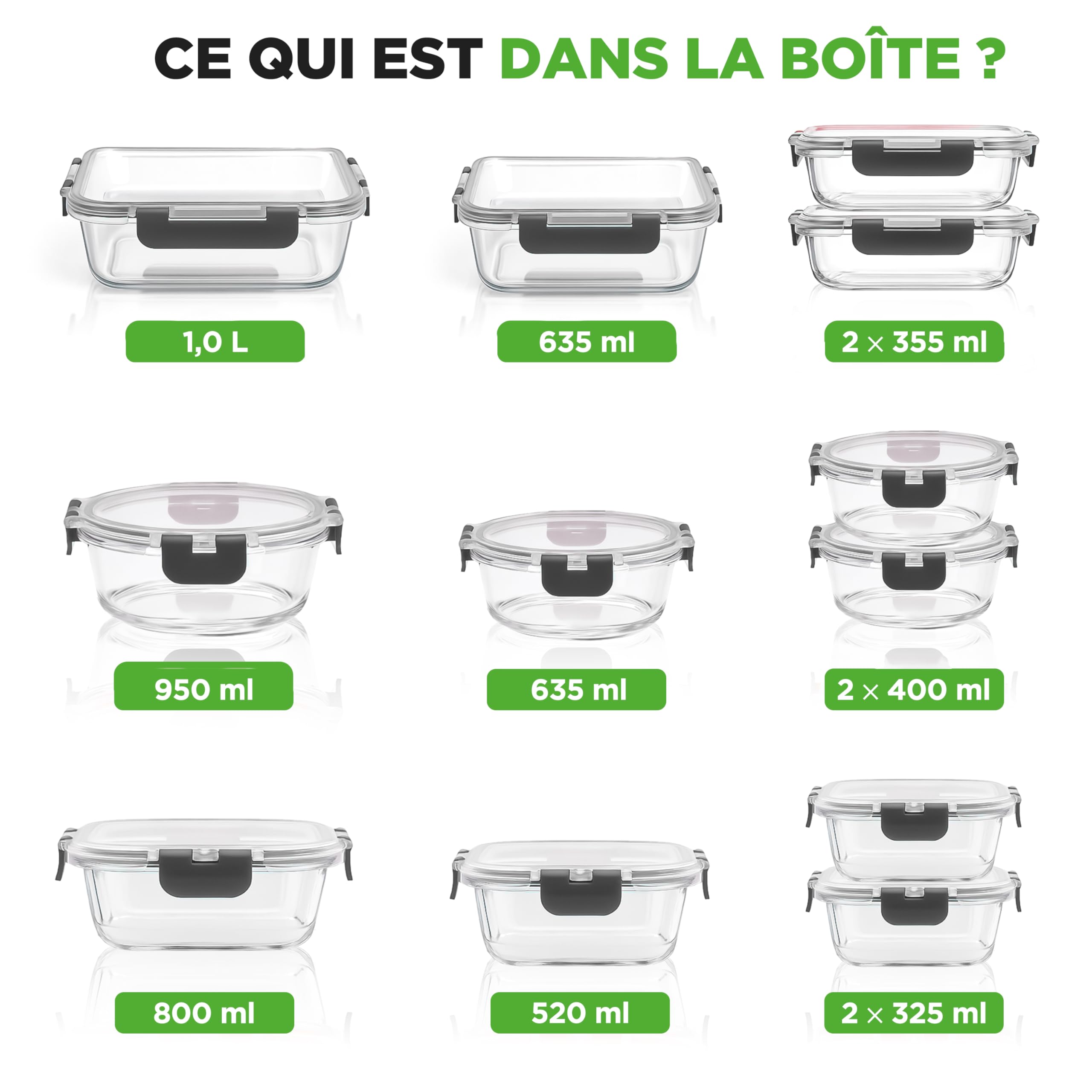 Nutrichef Ensemble de 12 Bocaux en Verre avec Couvercles Hermétiques – Récipients Empilables pour Meal Prep – Boîtes de Rangement Alimentaire en Verre avec Couvercle