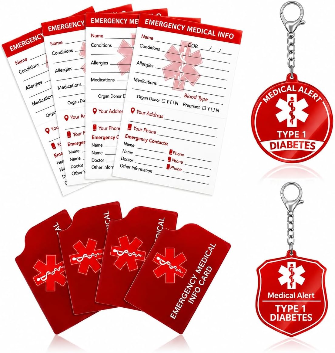 Type 1 & Type 2 Diabetes Medical Alert Keychain, 2PK with 4 Emergency Info Cards & 4 Card Holders