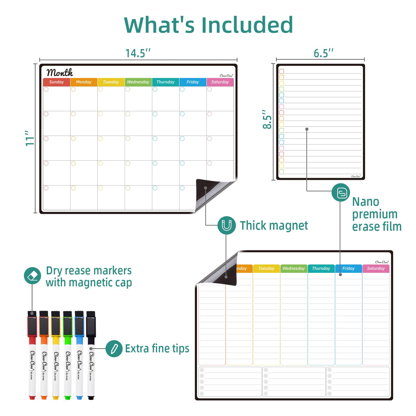 Calendrier mensuel magnétique effaçable à sec – Calendrier mensuel et hebdomadaire de 36,8 x 27,9 cm, tableau d'affichage de 16,5 x 21,6 cm pour réfrigérateur – 6 marqueurs à pointe extra fine inclus