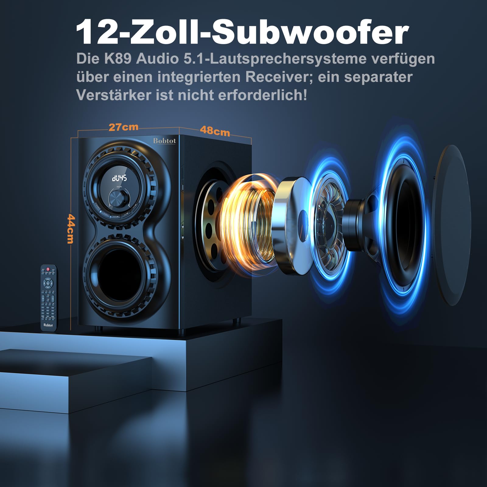 Bobtot 5.1 Soundsystem mit 1400 Watt Spitzenleistung heimkino Soundsystem mit 12-Zoll-Subwoofer, kräftigem Bass und kabelgebundenem Surround Sound System mit ARC, optischem Bluetooth-Eingang für TV