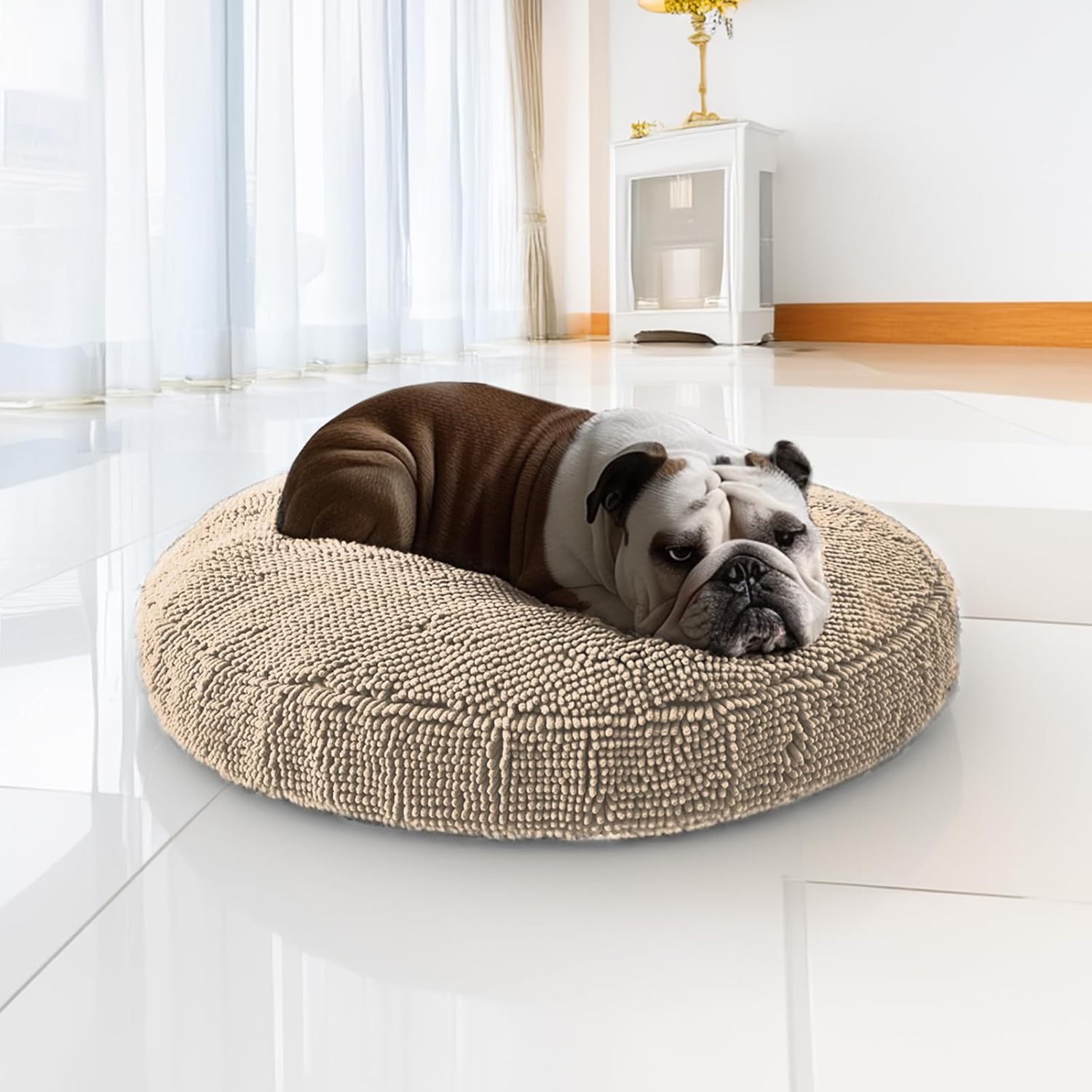 Muddy Mat® Cloud K-9 Bed for Dogs & Cats, Soft & Relaxing Donut Dog Bed, Chenille Material, Removable Cover, Washable & Dryer Safe–Beige Small(25'x25') Small (25''X25'') Beige