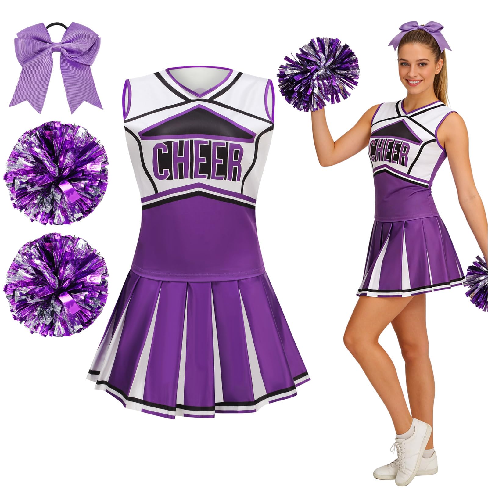 maxToonrain Women Cheerleader Costume 5 PCS Classic Style Adults Cheerleader Outfit with Pom Poms, Top, Skirt, Stockings and Headband for 2026 High School Musical Events Halloween (Purple, S)