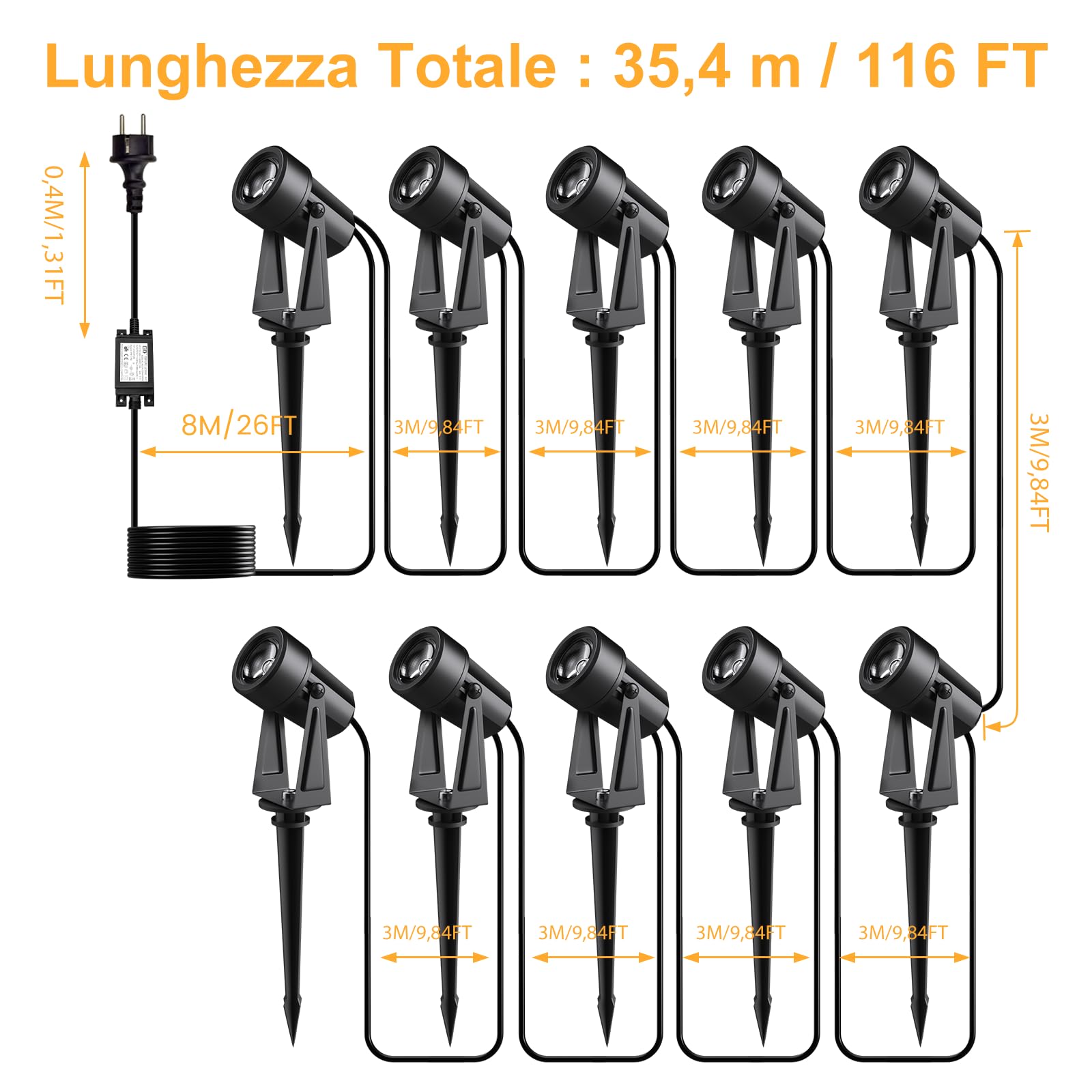 Faretto Led da Esterno, 32M/105FT Confezione da 10 Faretti LED Paesaggistici con Luce Warm White 3000K 27V per Giardino & Impermeabili IP65 per Esterno