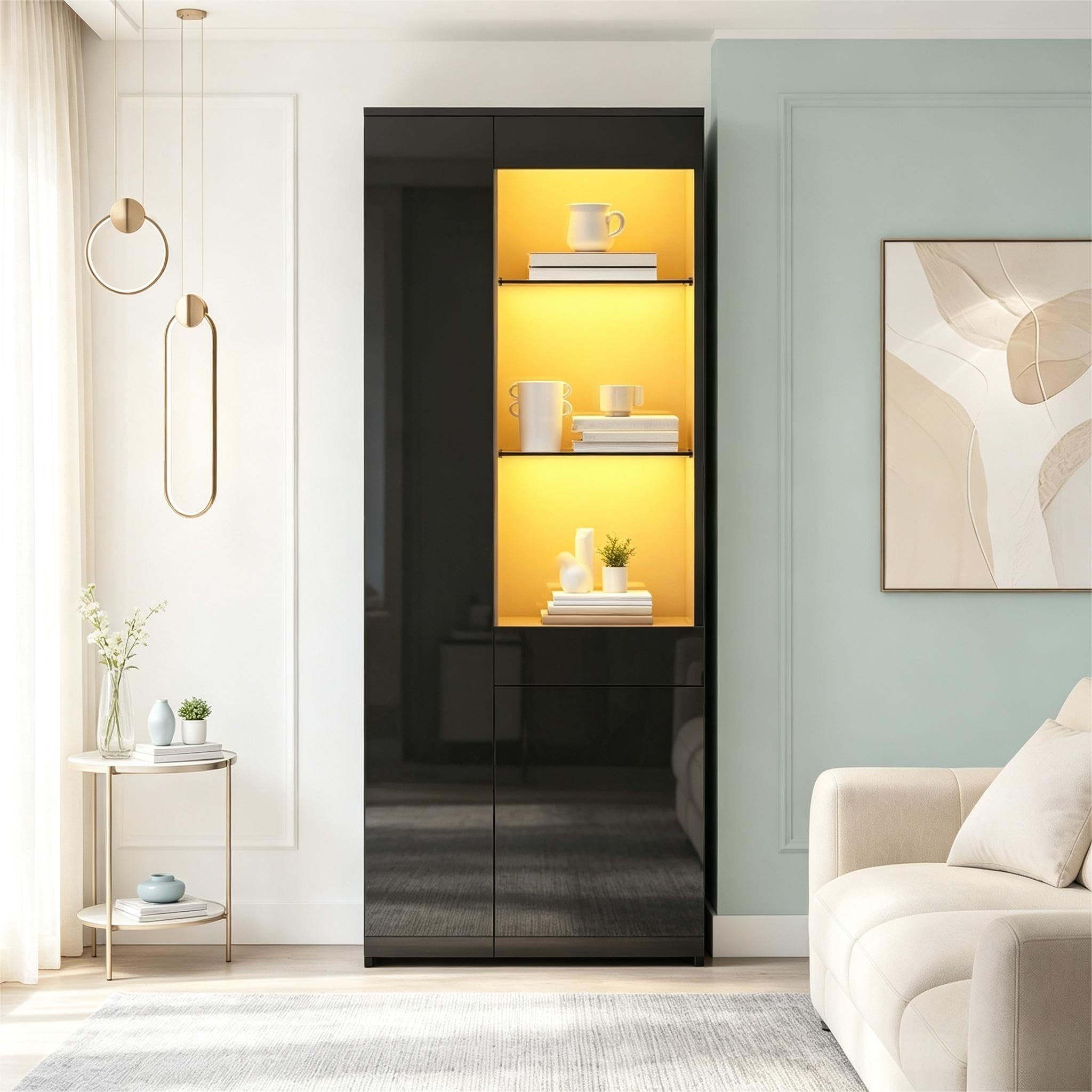 Vitrine Haute avec Tiroirs et Eclairage LED,Meuble Haut Vitré Autoportant,Charge Max 45kg,Rangement pour Salon