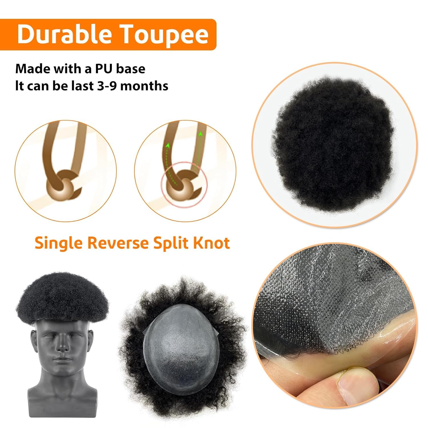 Afro Toupee for Black Men,Human Hair Toupee for African American Men Natural Black Hair Unit,Men’s Hair System (1B#-4mm, 8 * 10'')