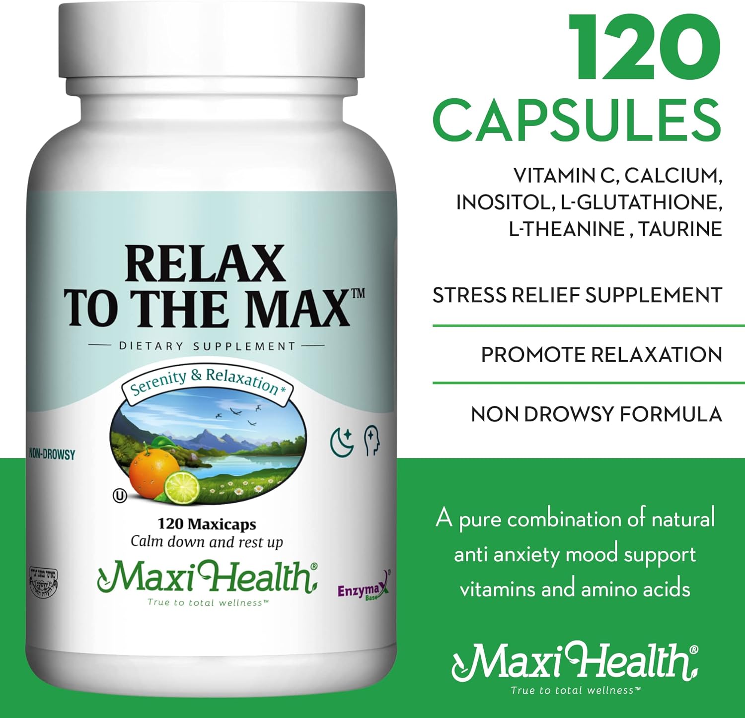 Maxi Health - Relax to The Max Stress Relief Formula (120 Count) Stress Relief Capsules with Vitamin C, Calcium, L-Theanine, L-Taurine & Amino Acids - All Natural Calming & Relaxation Supplements