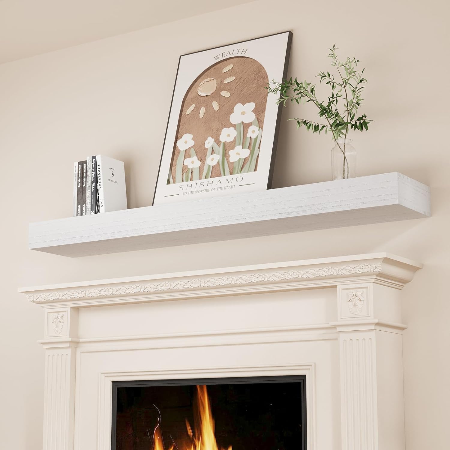 SAUMONIERES Fireplace Mantel Shelves 55 Inch Solid Wood Wall Mounted Long Floating Shelf Hollow, White