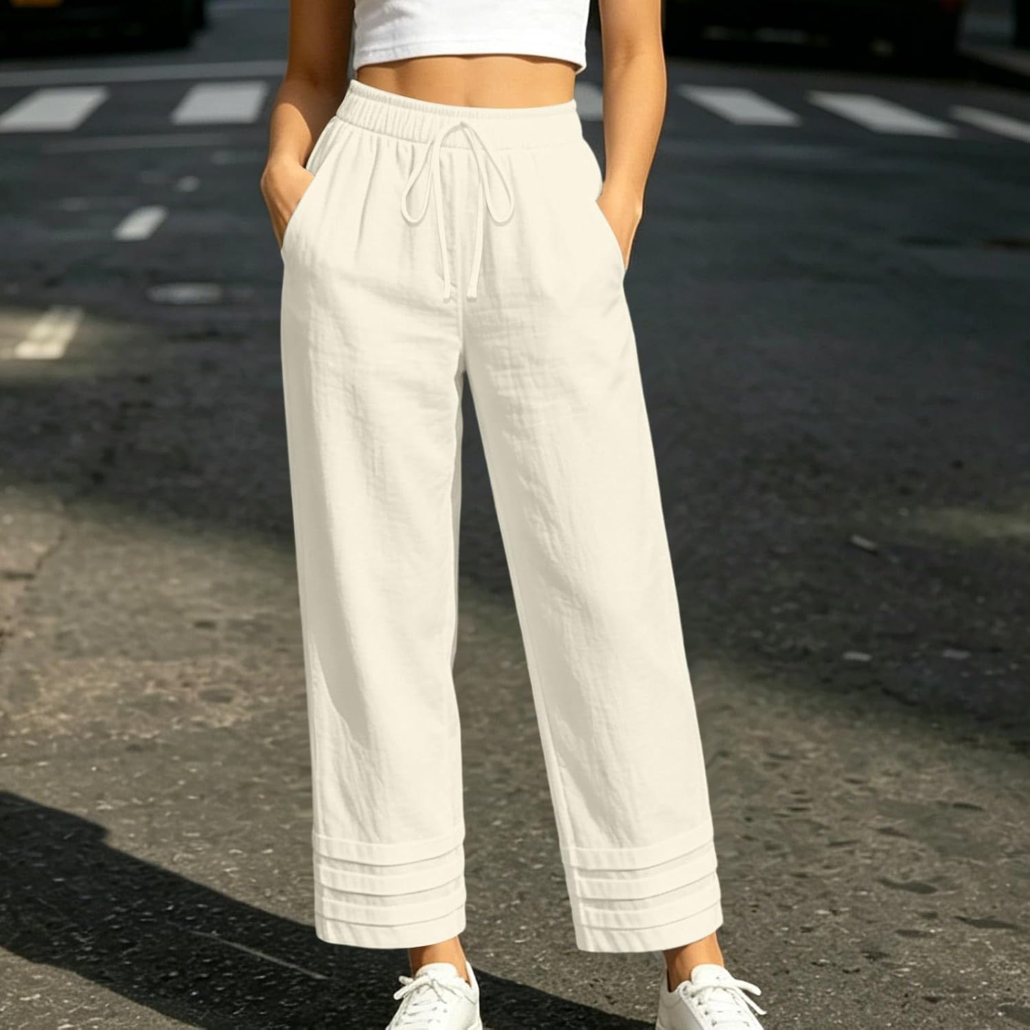 Womens Straight Wide Leg Pants with Pocket Elastic Drawstring High Waist Trousers Loose Flowy Summer Slacks