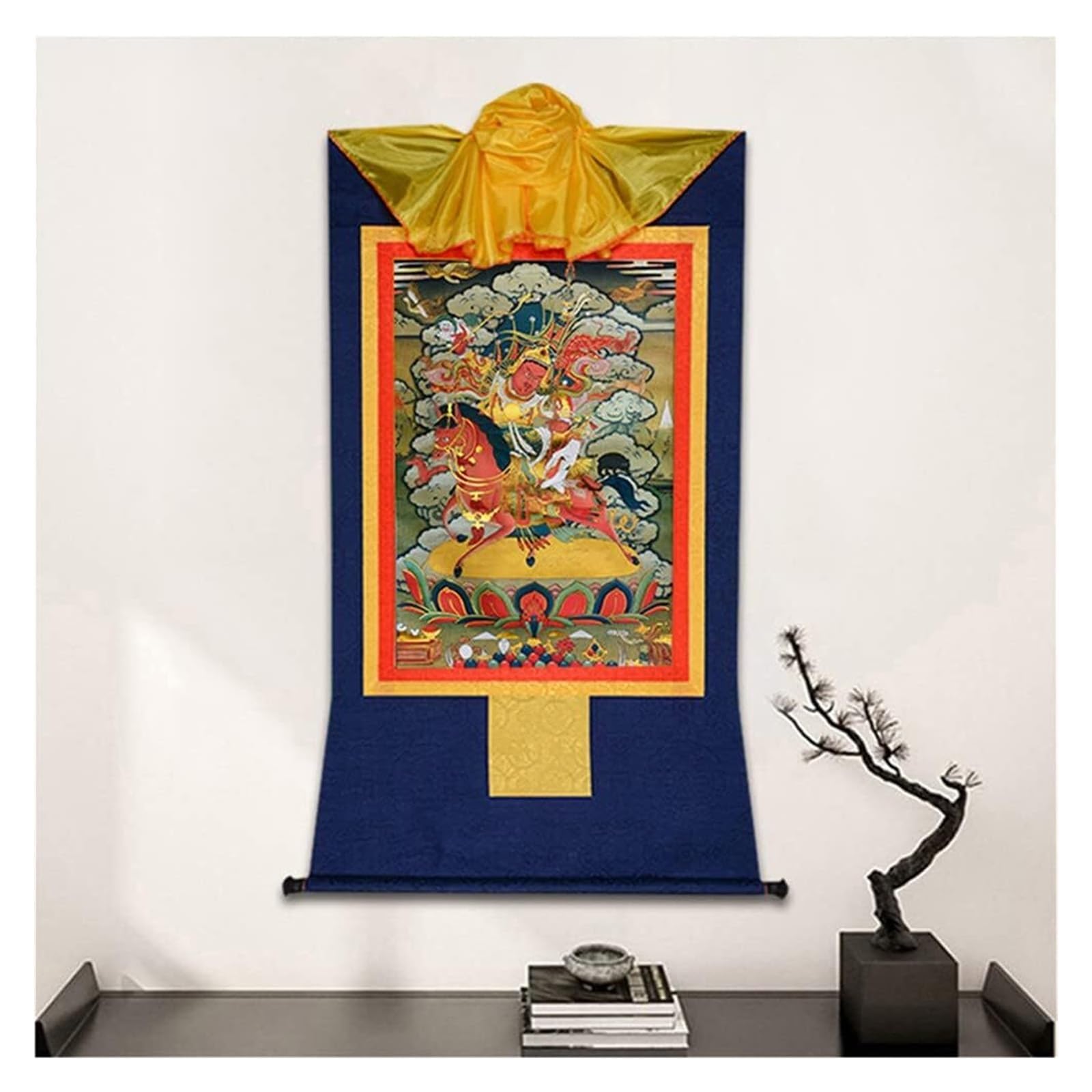 Thangka-Gemälde, tibetisches Thangka, Thangka-Gemälde, buddhistischer Wandteppich, König Gesar, tibetische Thangka-Malkunst, buddhistischer Thangka-Brokat, Buddha-Wandteppich mit Schriftrolle(Beige,La