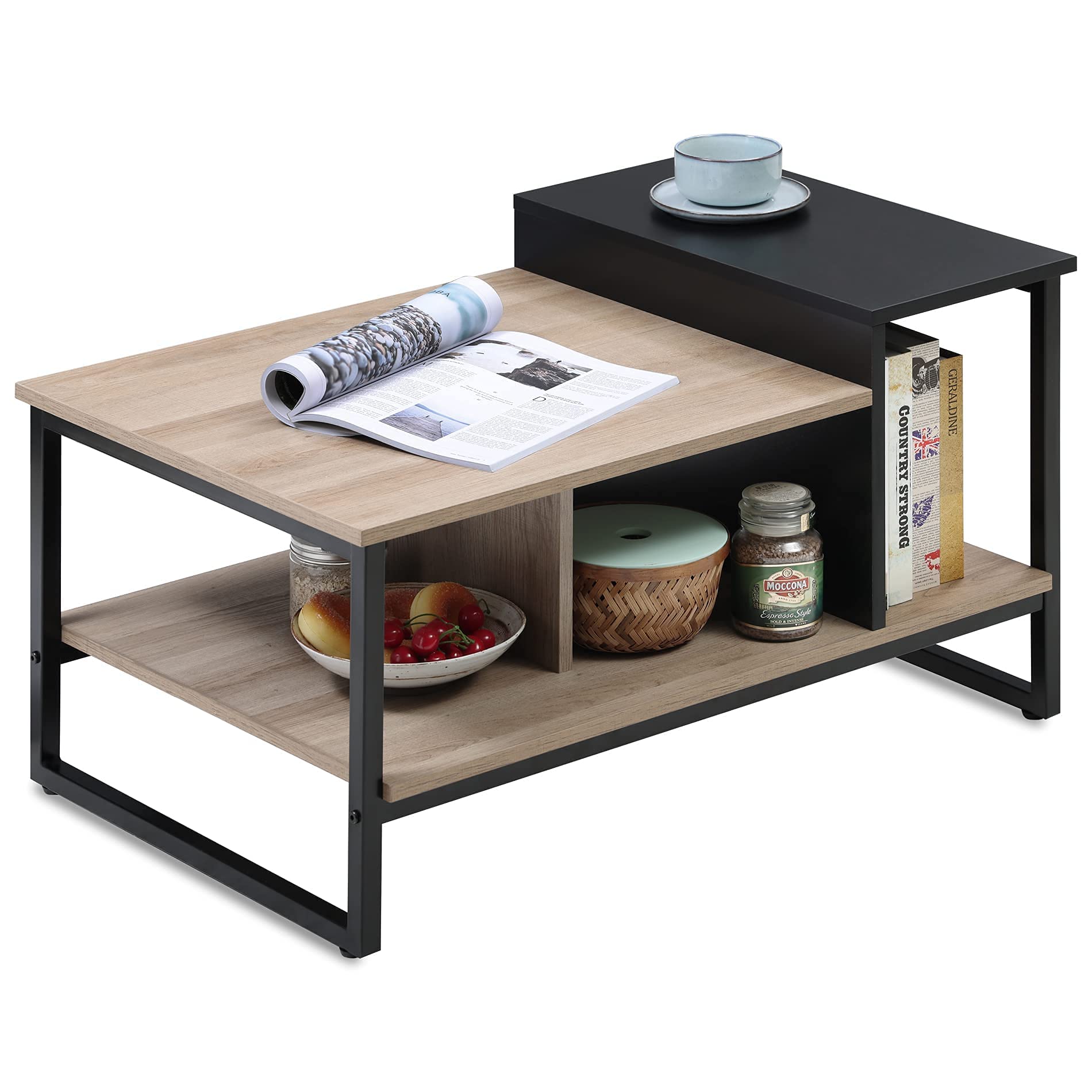 HOMOOI Unique Small Squareand Modern Rectangular Lift Top Coffee Table with 2-Level Different Heights Tabletop for Living Room Spaces,Industrial Wood Desk Coffee Table with Metal,31.5",Oak& Black