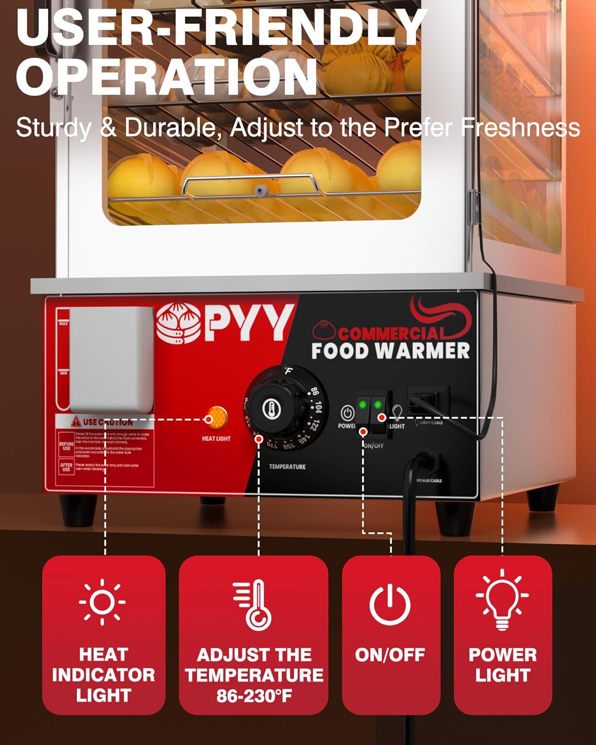 Control panel of the PYY Commercial Bun Steamer with temperature knob and indicator lights.