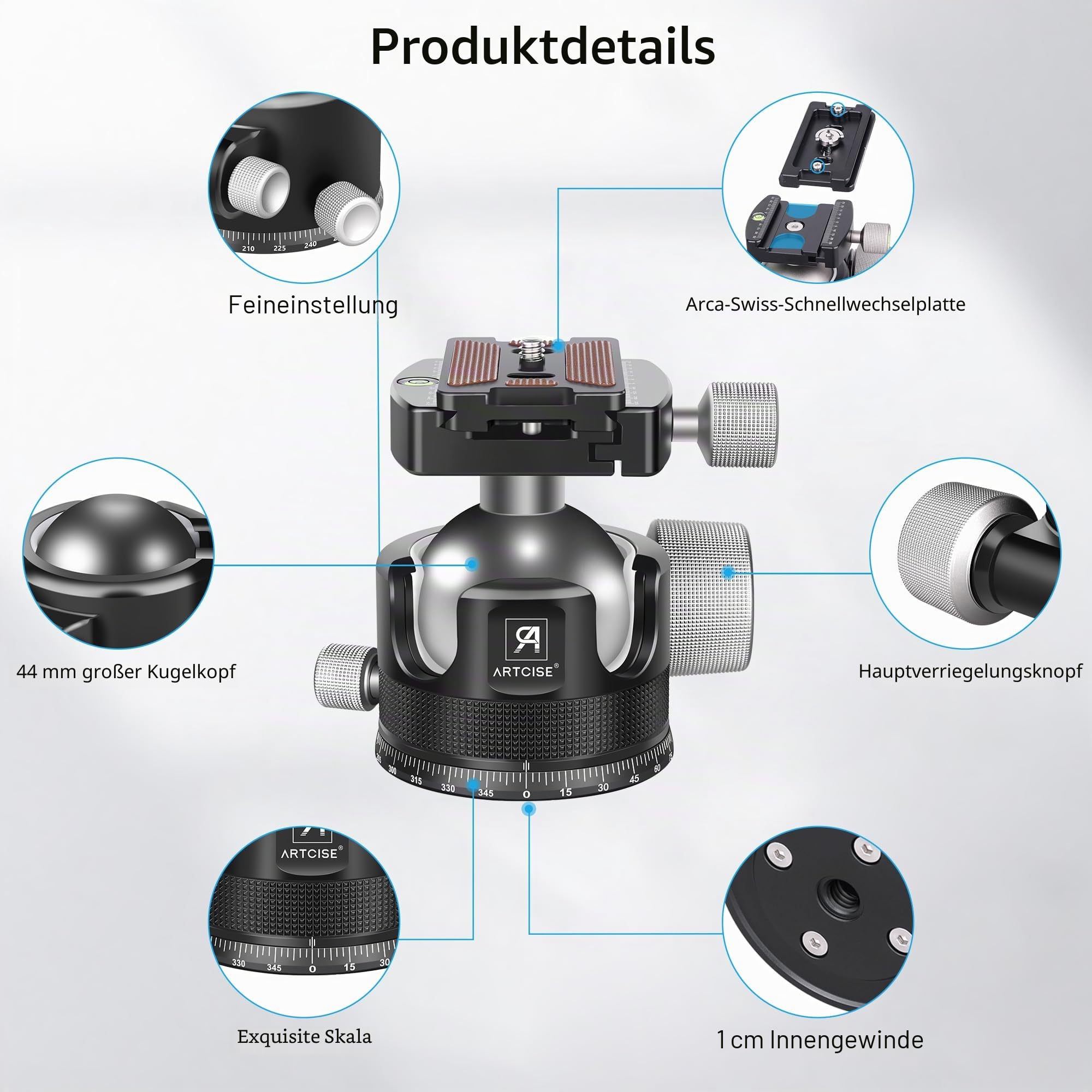 Low Profile Kugelkopf, ARTCISE KB44 Heavy Duty Stativkopf aus Vollmetall mit DREI 1/4" Schnellwechselplatten für Stativ, Einbeinstativ, DSLR, Camcorder, maximale Belastung 30 kg.
