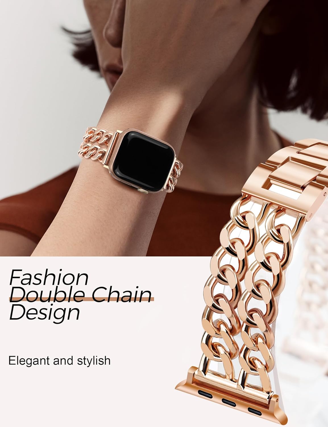 JR.DM Rose Gold Watch Bands for Women Compatible with Apple Watch 38mm 40mm 41mm 42mm (S10/11) Adjustable Metal Cowboy Steel Chain Bracelet for iWatch Series1/2/3/4/5/6/7/8/9/10/11 SE 3/2/1(No Case) - Image 3