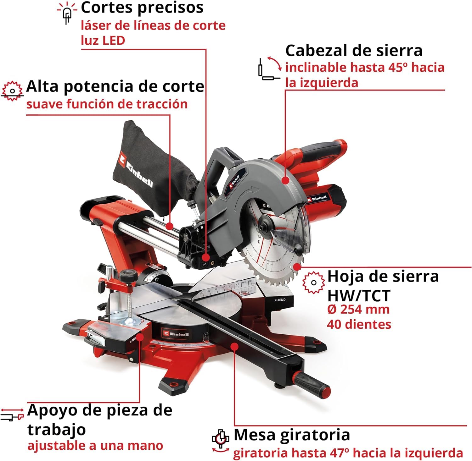 Einhell Sierra de tracción, vaivén e inglete con batería TE-SM 36/10 L Li-Solo Power X-Change (36 V, hoja de sierra 254 mm, 3800 rpm, función de tracción suave, láser de línea de corte, sin batería)